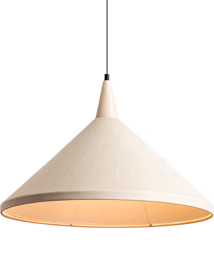 Modern beige cone-shaped pendant lamp hanging from a black cord.